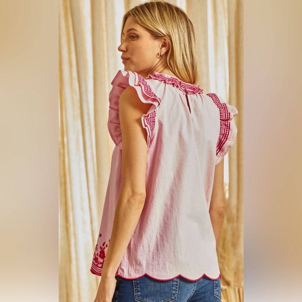 Savanna Jane Pink Embroidered Ruffle Sleeve Tank Top - Picture 3 of 7